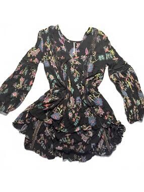 Free People Black Floral Lace Detail Boho Blouse XS #lightweight #feminine